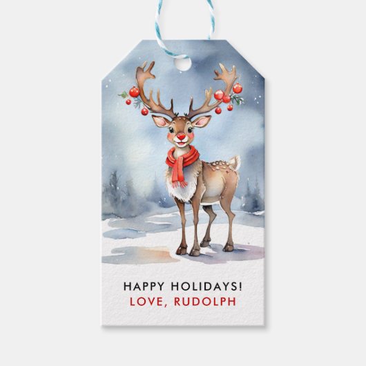 Étiquettes-cadeau Joli Noël hiver Rudolph Reindeer Aquarelle (Devant)