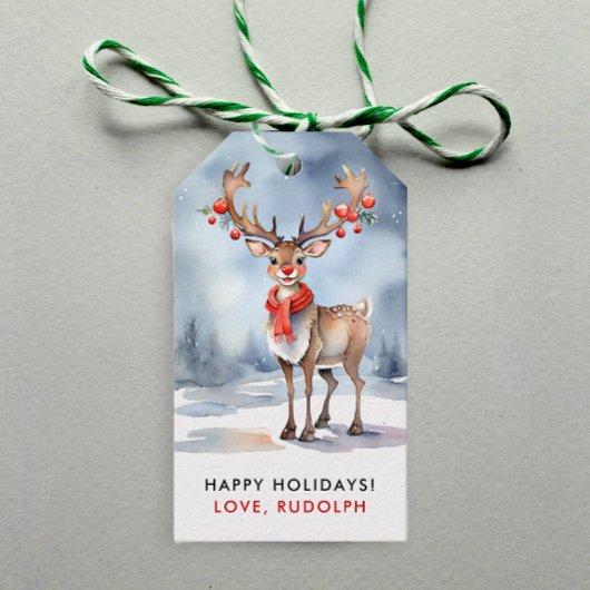 Étiquettes-cadeau Joli Noël hiver Rudolph Reindeer Aquarelle