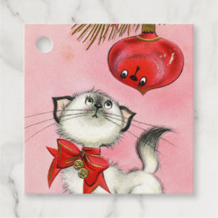 Étiquettes Cadeau Joli Noël Retro Chat Chat Vintage Chat Arbre rose