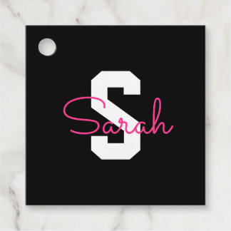 Étiquettes Cadeau Joli nom et monogramme | Noir Blanc et Rose
