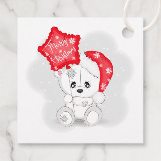 Étiquettes Cadeau Joli ours en peluche blanc et ballon Joyeux Noël