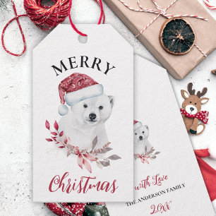 Étiquettes-cadeau Joli ours polaire à Santa hat Joyeux Noël