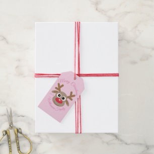 Étiquettes-cadeau Joli renne de Noël rose Nom de script Girly