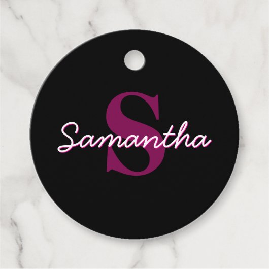 Étiquettes Cadeau Joli script de monogramme rose et noir personnalis (Devant)