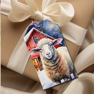 Étiquettes-cadeau Jolie aquarelle Moutons de Noël et Grange rustique