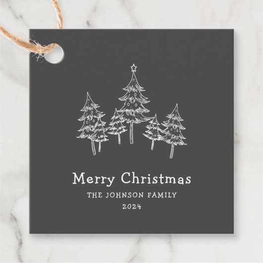 Étiquettes Cadeau Jolie Chalk Arbres de Noël Noir Blanc (Devant)