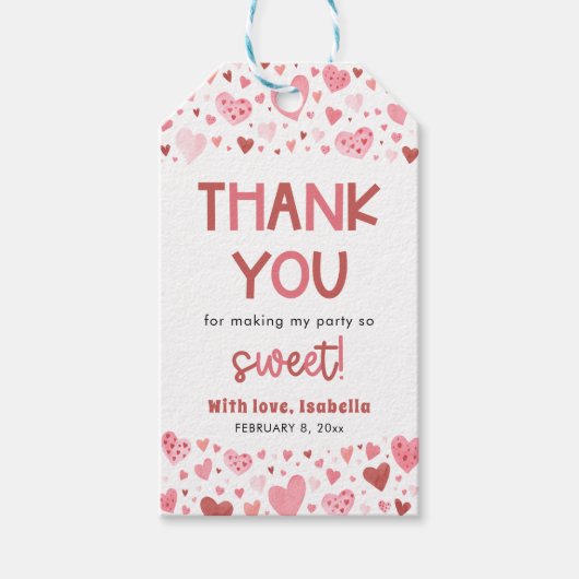 Étiquettes-cadeau Jolie Fête d'anniversaire de fille avec coeurs ros (Devant)