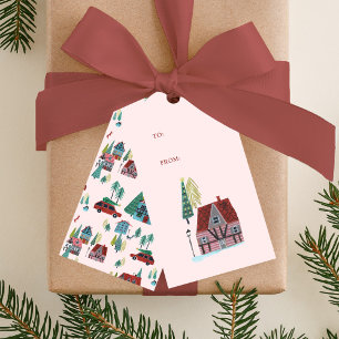 Étiquettes-cadeau Jolie fête de Noël au village de ski nordique rose