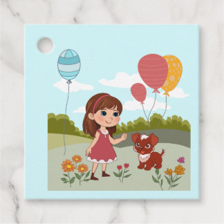 Étiquettes Cadeau Jolie Fille avec Chien & Ballons 