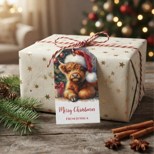 Étiquettes-cadeau Jolie vache Highland de Noël