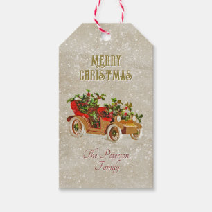 Étiquettes-cadeau Jolie voiture Vintage de Noël avec Kraft Holly Bei