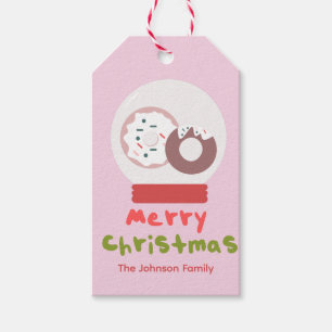 Étiquettes-cadeau Jolis donuts de Noël en boule à neige rose pour la