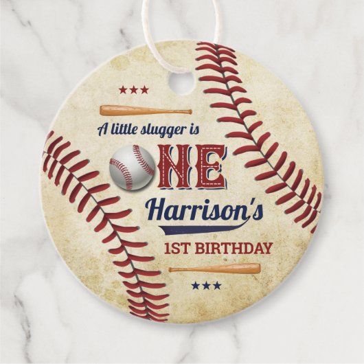 Étiquettes Cadeau Jouets de baseball vintages 1er anniversaire (Devant)