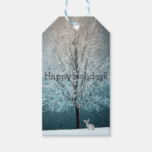 Étiquettes-cadeau Jour de la neige, Arbre couvert de neige, Lapin
