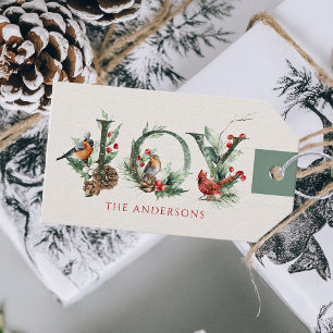 Étiquettes-cadeau JOY Cône de Pin Baie Rouge Oiseaux Noël Fêtes