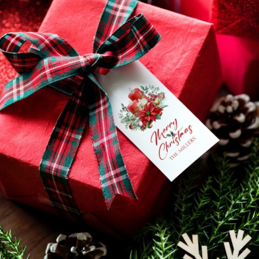 Étiquettes-cadeau Joyeuse ambiance de Noël fleurs et bouquet de boug