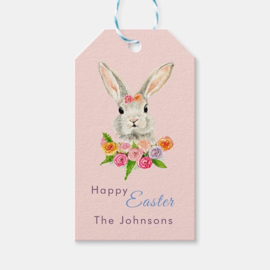 Étiquettes-cadeau Joyeuse aquarelle de Pâques lapin rose (Devant)