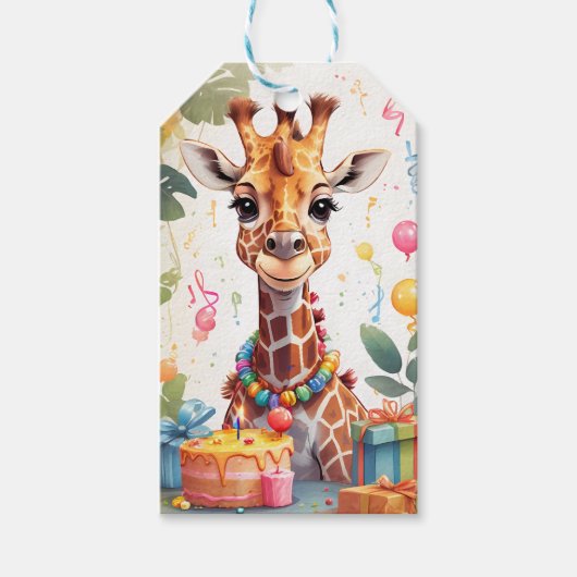 Étiquettes-cadeau Joyeuse Giraffe avec cadeaux et gâteau | (Devant)