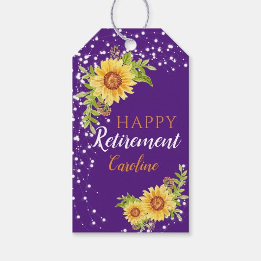 Étiquettes-cadeau Joyeuse retraite Floral Tournesol pourpre (Devant)