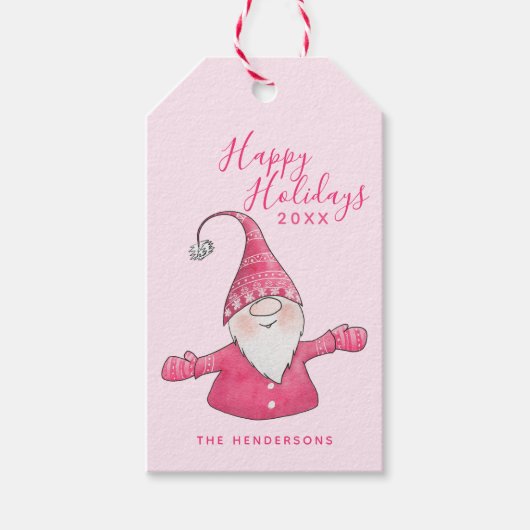 Étiquettes-cadeau Joyeuses fêtes jolies Gnome rose Noël (Devant)