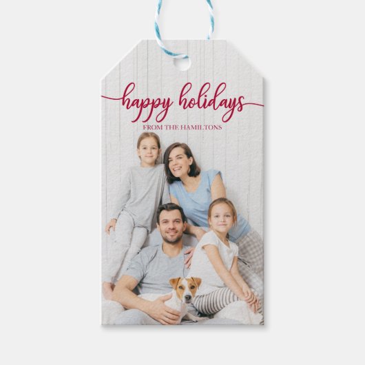 Étiquettes-cadeau Joyeuses fêtes Rouge Script Custom Photo Noël (Devant)