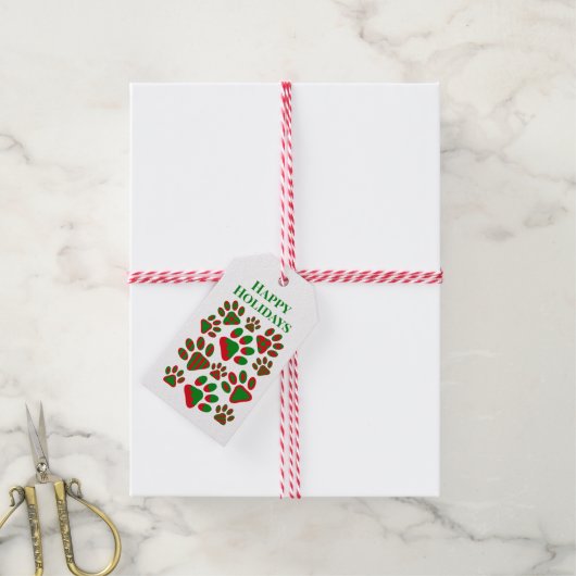 Étiquettes-cadeau Joyeuses Fêtes Rouge Vert Motif Empreintes de patt (Avec de la ficelle)