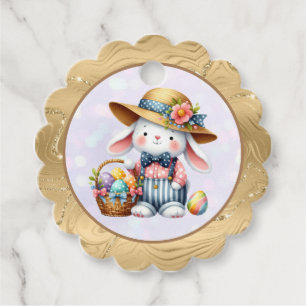 Étiquettes Cadeau Joyeuses Pâques avec un lapin mignon, des œufs et