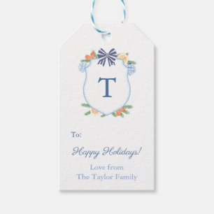Étiquettes-cadeau Joyeuses Vacances Bleu & Blanc Citrus Monogram Cre