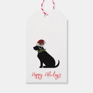 Étiquettes-cadeau Joyeuses vacances Chien noir Santa Hat Holly Festi