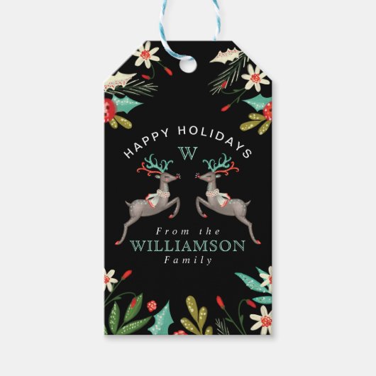 Étiquettes-cadeau Joyeuses vacances Reindeer Monogramme & Festive Fo (Devant)