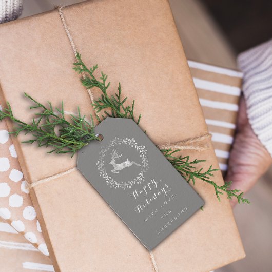 Étiquettes-cadeau Joyeuses vacances Wreath Joy Grey Grey White Deer
