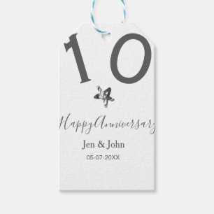 Étiquettes-cadeau Joyeux 10e anniversaire nom date gris métal étoile