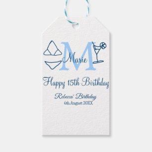 Étiquettes-cadeau Joyeux 15e anniversaire bleu ajouter nom monogramm