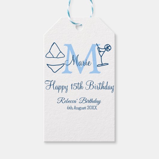 Étiquettes-cadeau Joyeux 15e anniversaire bleu ajouter nom monogramm (Devant)