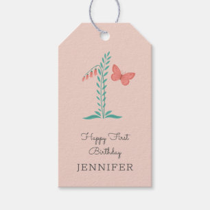 Étiquettes-cadeau Joyeux 1er anniversaire bébé fille papillon Floral