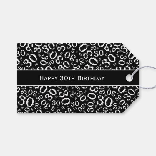 Étiquettes-cadeau Joyeux 30e anniversaire noir/blanc Motif numérique (Devant (Horizontal))