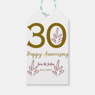 Étiquettes-cadeau Joyeux 30e anniversaire nom date feuille rouge dor