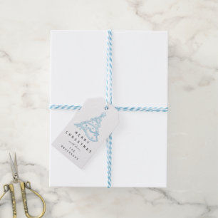 Étiquettes-cadeau Joyeux à Nom Fête Bleu Arbre de Noël Blanc