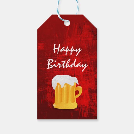 Étiquettes-cadeau Joyeux Anniversaire Beer Mug sur Rustic Red Abstra (Devant)