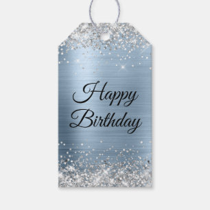 Étiquettes-cadeau Joyeux Anniversaire Bleu Pailleté Argent