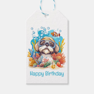 Étiquettes-cadeau Joyeux Anniversaire Chien Shih Tzu Plongeant Récif