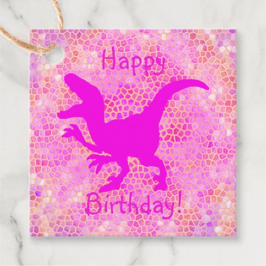 Étiquettes Cadeau Joyeux Anniversaire Dinosaure Rose caché (Devant)