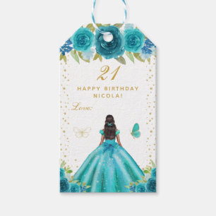 Étiquettes-cadeau Joyeux Anniversaire Fille à Peau Mate Fleur Teal