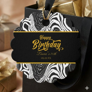 Étiquettes Cadeau Joyeux Anniversaire Moderne Agate Noir & Or