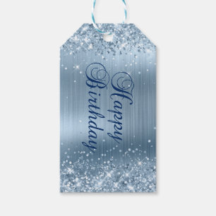 Étiquettes-cadeau Joyeux Anniversaire Pailleté Bleu Clair Feuille
