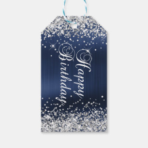 Étiquettes-cadeau Joyeux Anniversaire Paillettes Argentées Bleu Mari