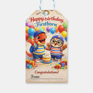 Étiquettes-cadeau Joyeux anniversaire premier-né Rex et hibou chouet