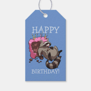 Étiquettes-cadeau Joyeux anniversaire ! Raccoon Manger Chocolat Gâte