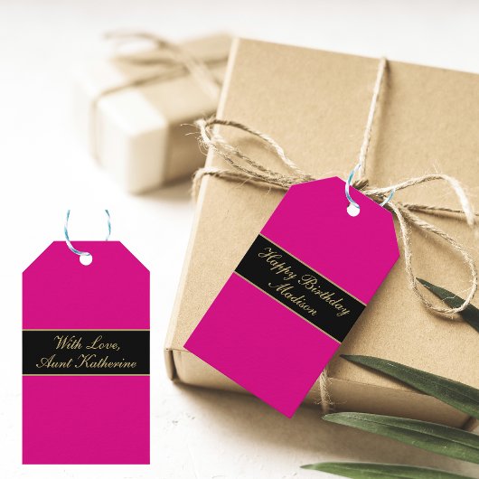 Étiquettes-cadeau Joyeux Anniversaire Script Nom Rose Noir Or