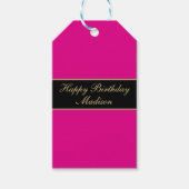 Étiquettes-cadeau Joyeux Anniversaire Script Nom Rose Noir Or (Devant)